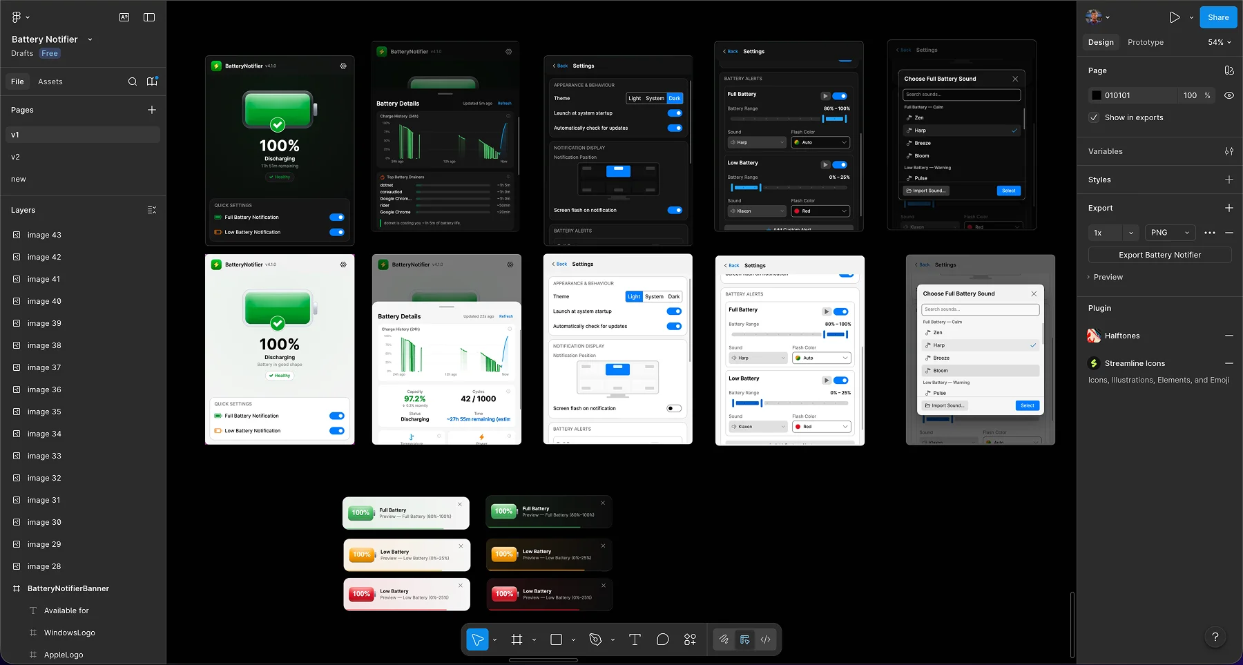 Battery Notifier Figma workspace — dashboard, settings, alerts, and sound picker screens
