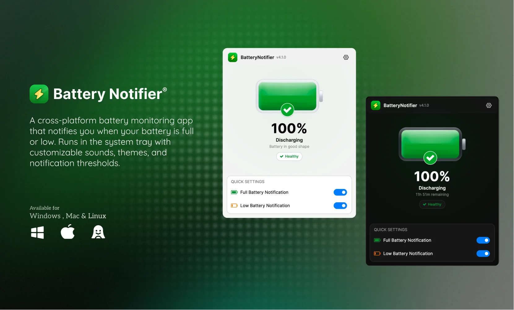 Battery Notifier v2 — now on macOS, Windows, and Linux