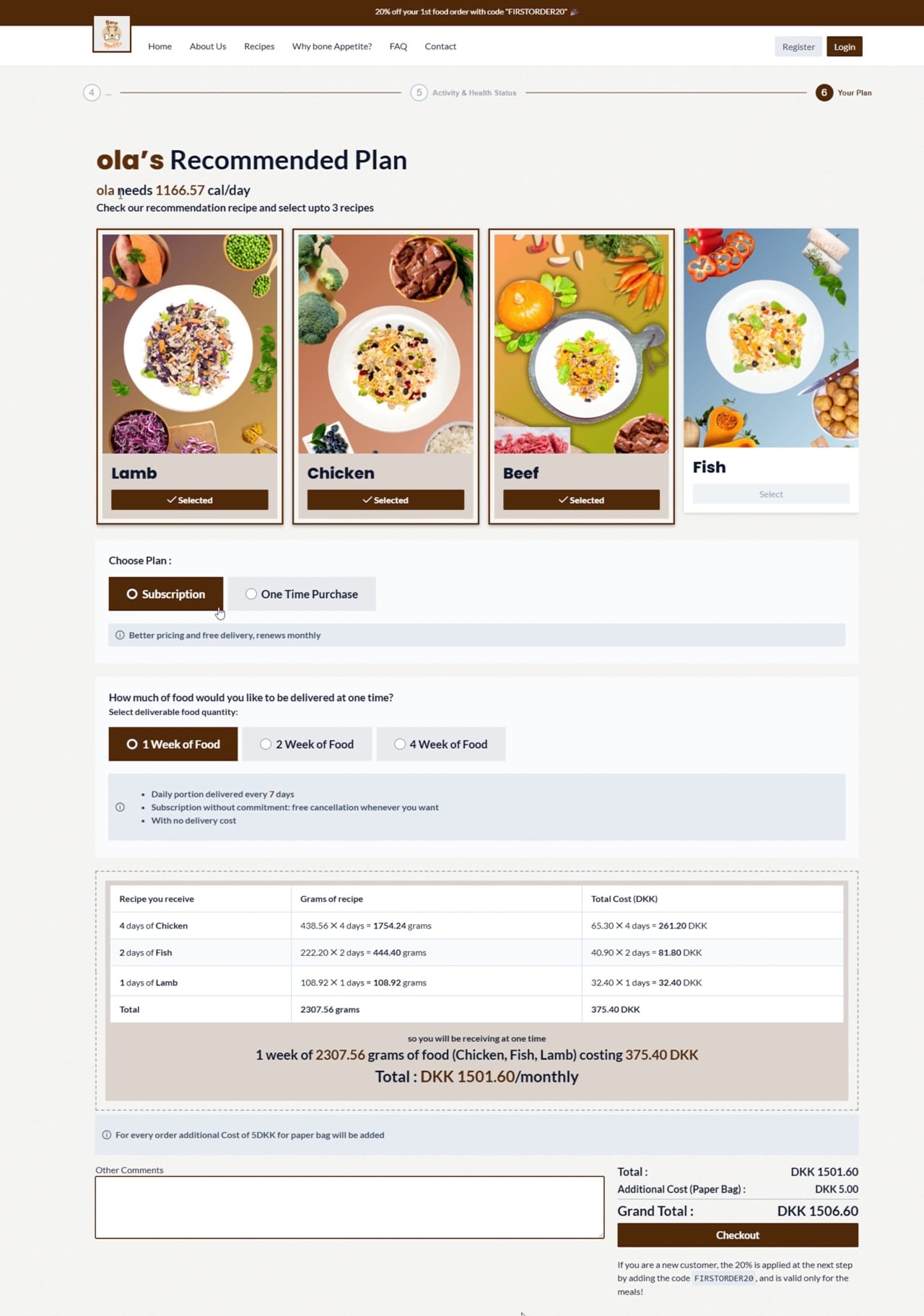 Recommended meal plan and subscription checkout